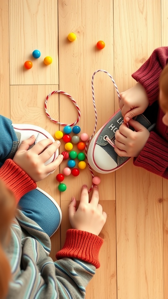 Toddlers engaged in bead stringing with colorful beads scattered on the floor.