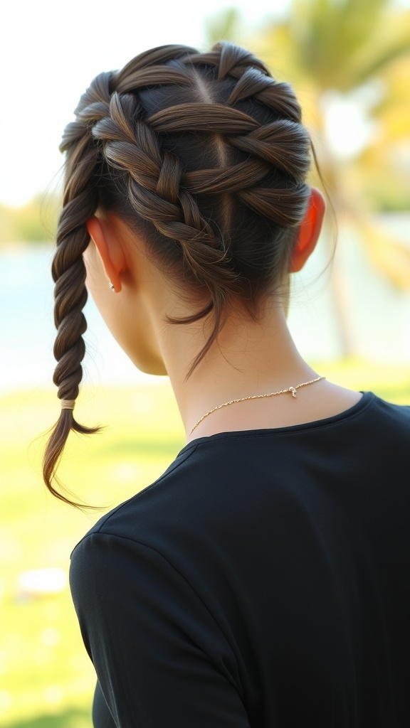 A close-up view of a simple braided twist hairstyle, featuring neat braids on top and loose twists at the bottom.