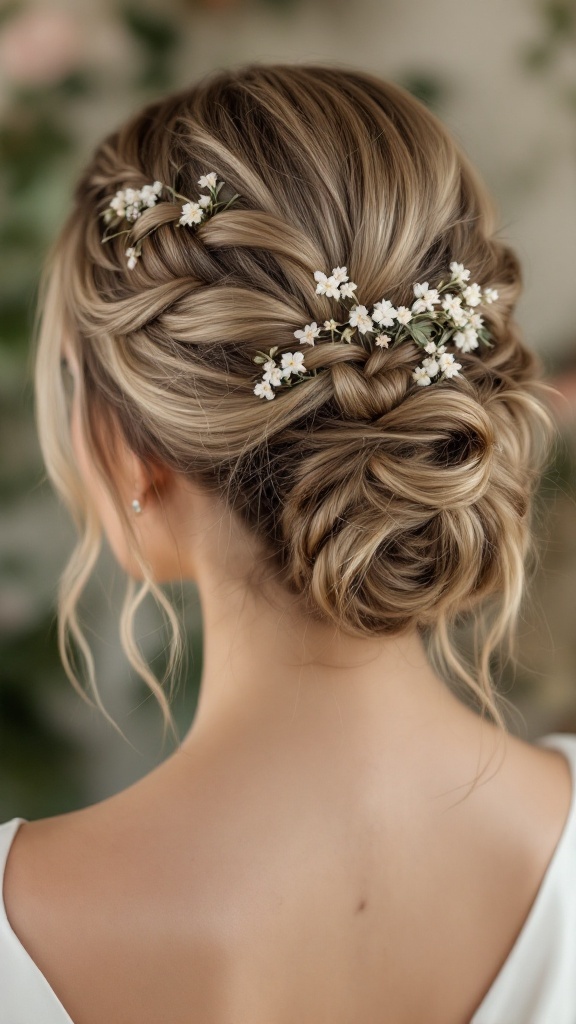 A simple braided updo hairstyle adorned with small white flowers on a model's hair.