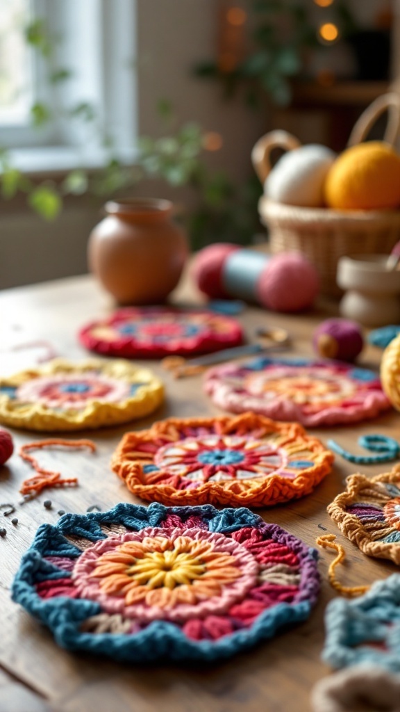 Colorful crochet coasters on a wooden table