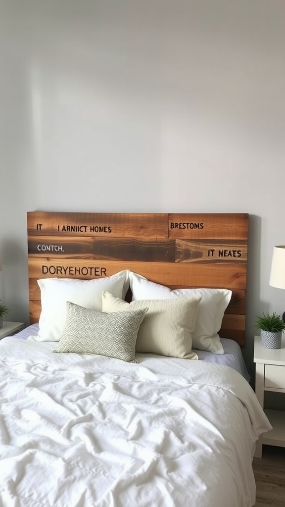 Wooden DIY headboard with text design in a cozy bedroom