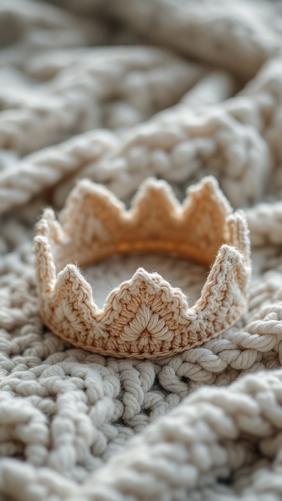 Crochet crown resting on a textured blanket