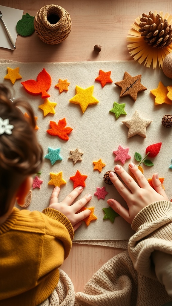 A child arranging colorful felt shapes on a soft board, exploring creativity through felt board stories.