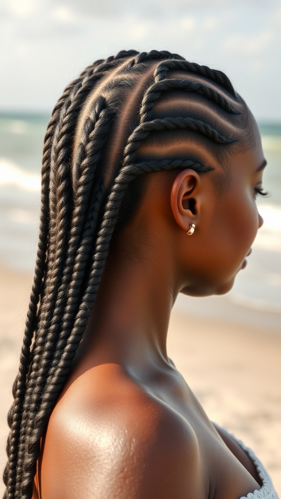 A side view of a woman with flat twists hairstyle by the beach, showcasing neat twists and a natural look.