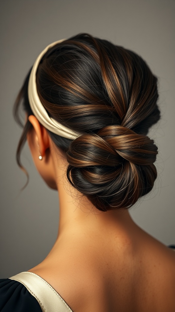 A woman showcasing a simple French twist hairstyle adorned with a satin headband, viewed from the back.