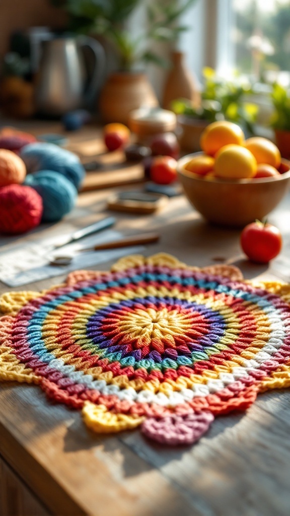 A colorful crochet dishcloth displayed on a wooden table with fruit and yarn in the background