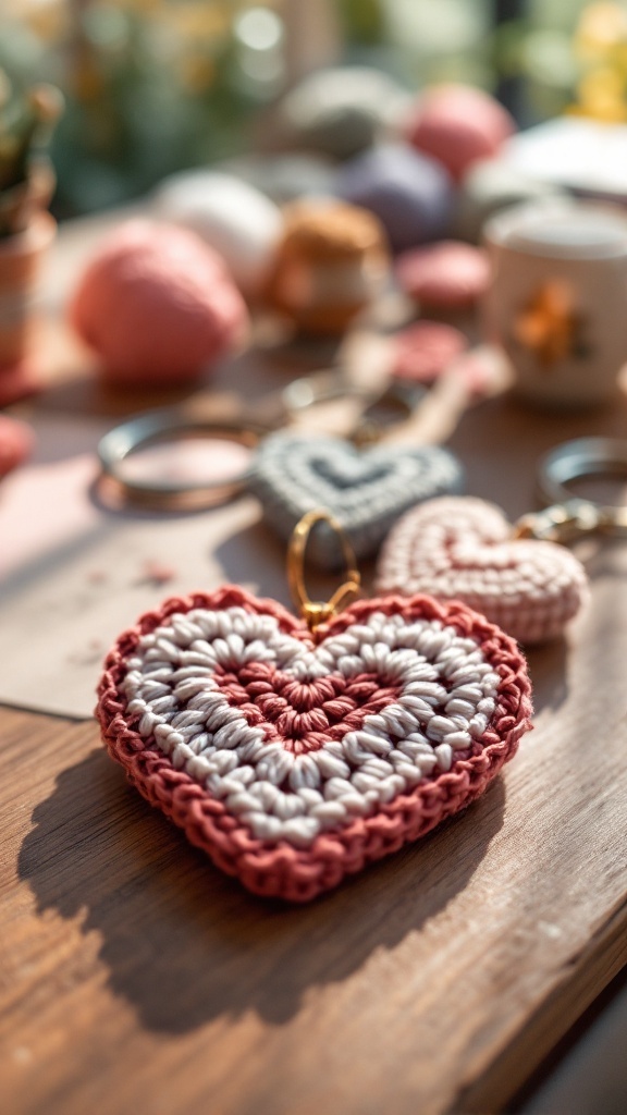 Crochet heart-shaped keychains in various colors on a wooden surface.