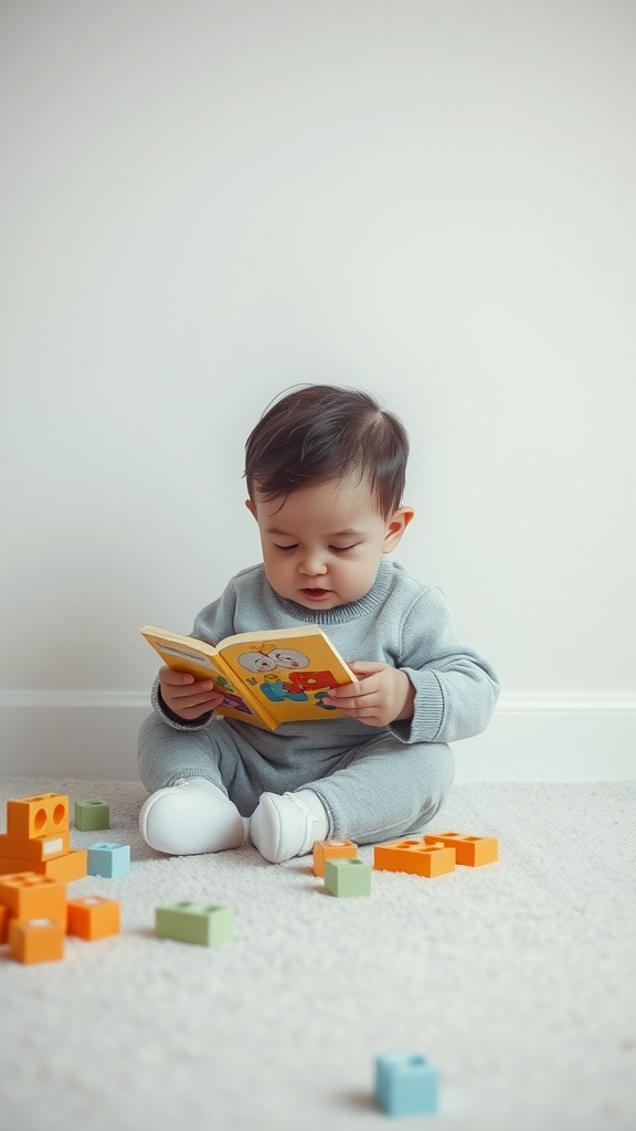 A baby sitting on a rug, reading a colorful book surrounded by building blocks.