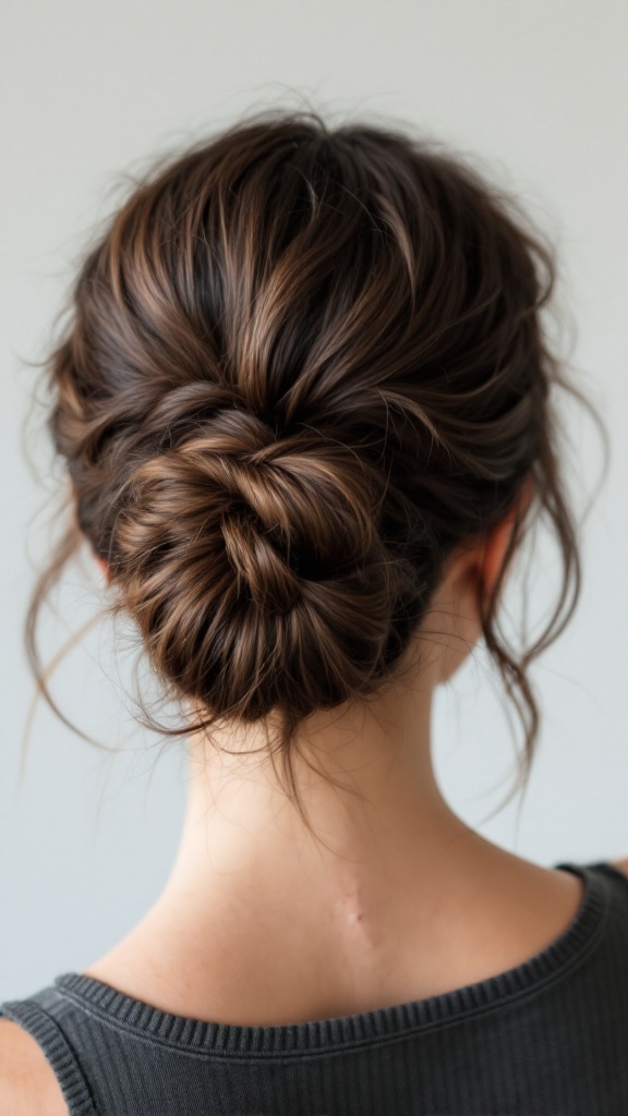 A simple knotted bun hairstyle for medium hair, showcasing a neat twist and loose strands framing the face.
