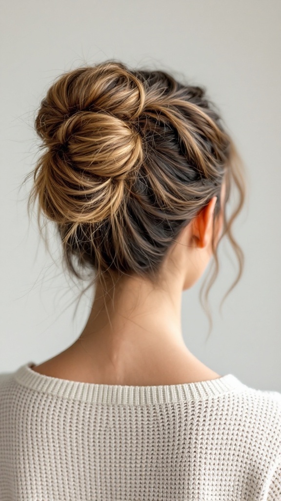 A woman with thick hair styled in a simple knotted updo with loose strands.