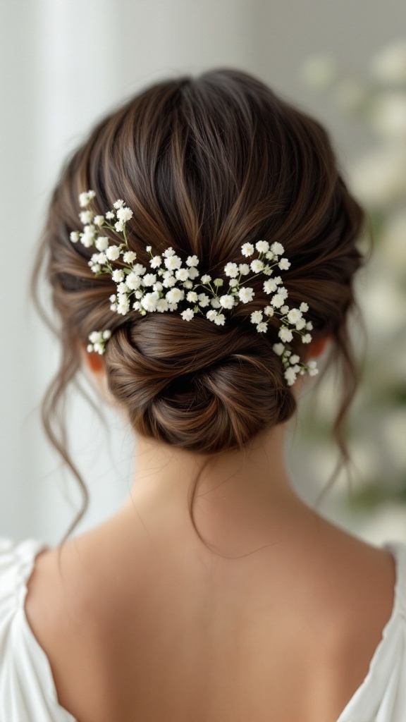 A simple knotted updo hairstyle adorned with baby's breath, showcasing an elegant back view of a bride's hair.