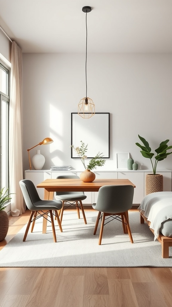 A cozy room featuring a wooden table with chairs, a pendant light, and a floor lamp, showcasing minimalist decor.