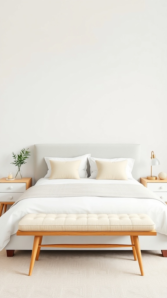 A simple minimalist bench at the end of a bed in a serene bedroom setting