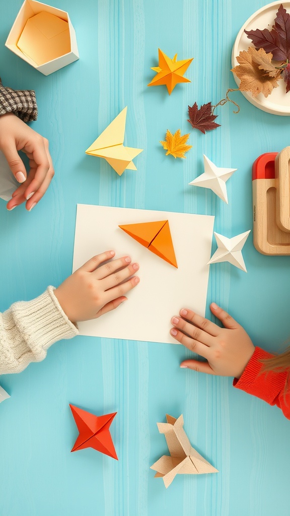 Two small hands working on colorful origami projects on a blue table, surrounded by various finished paper creations.