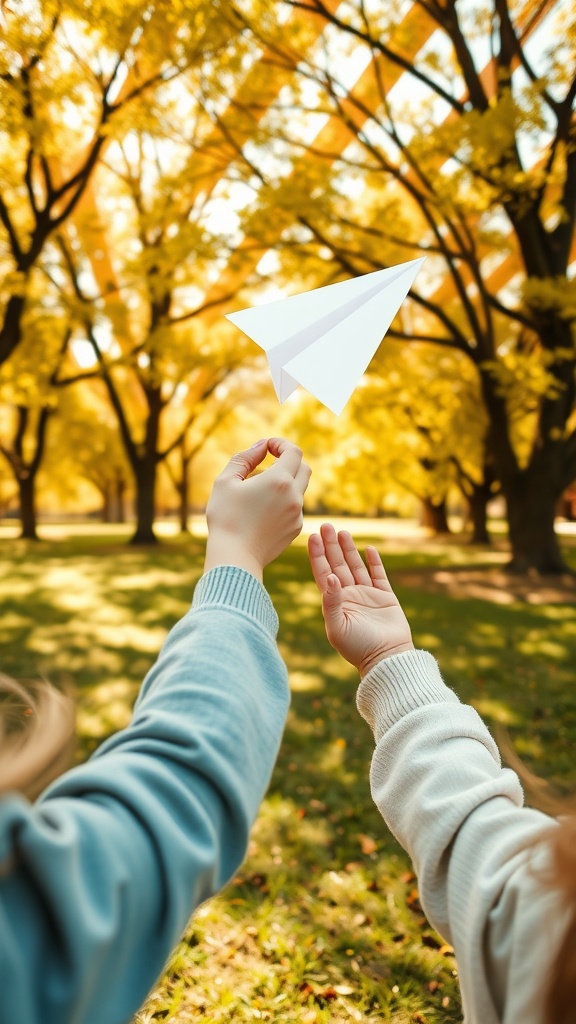 Child launching a paper airplane in a park with golden trees