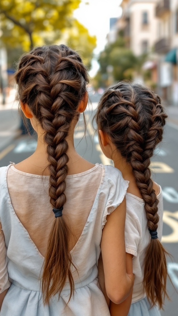 Two girls with beautiful pinwheel braids walking in a city street