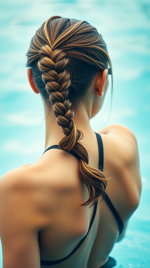 A woman with a braided ponytail sitting by the poolside