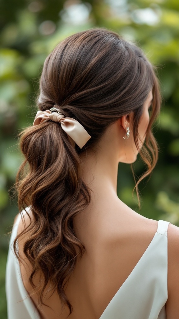 A simple ponytail with a ribbon, featuring loose waves, styled for a bridesmaid.