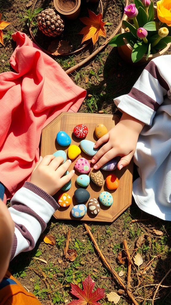 Two toddler hands painting colorful rocks on a wooden tray, surrounded by nature