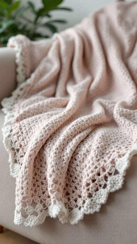 A cozy pink crochet blanket with a shell stitch border resting on a sofa.