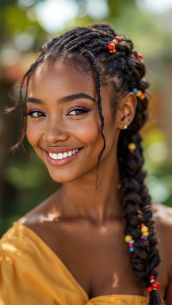 A little girl with a side braid decorated with colorful beads, smiling brightly.