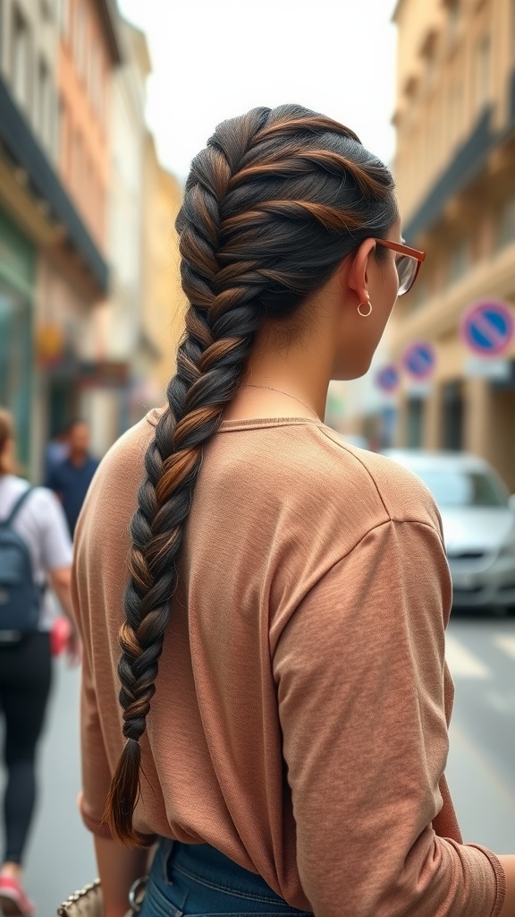 A woman with long hair styled in a sleek braid, walking down a city street