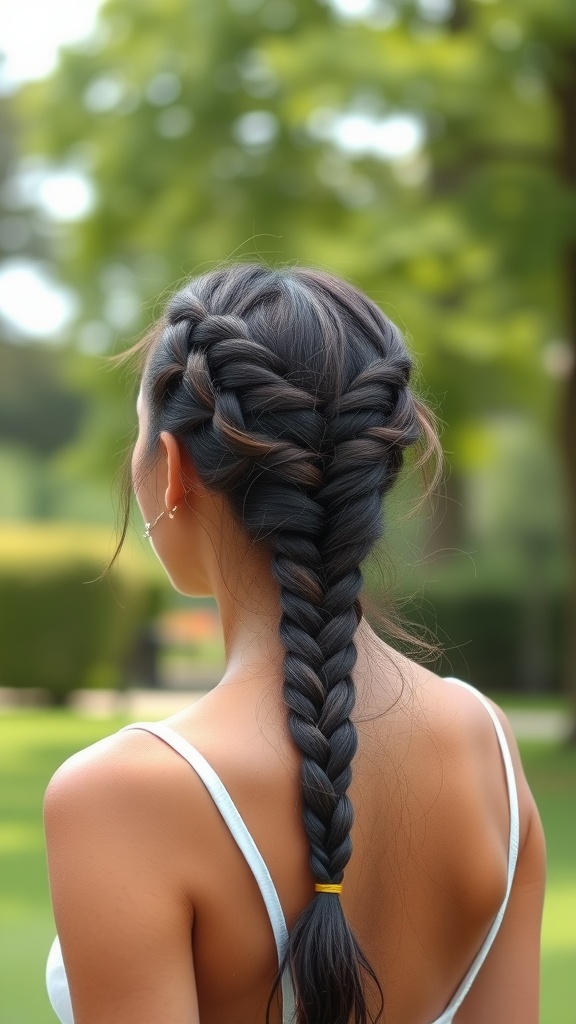 A woman with long hair styled in a sleek braid, showcasing a chic summer hairstyle.