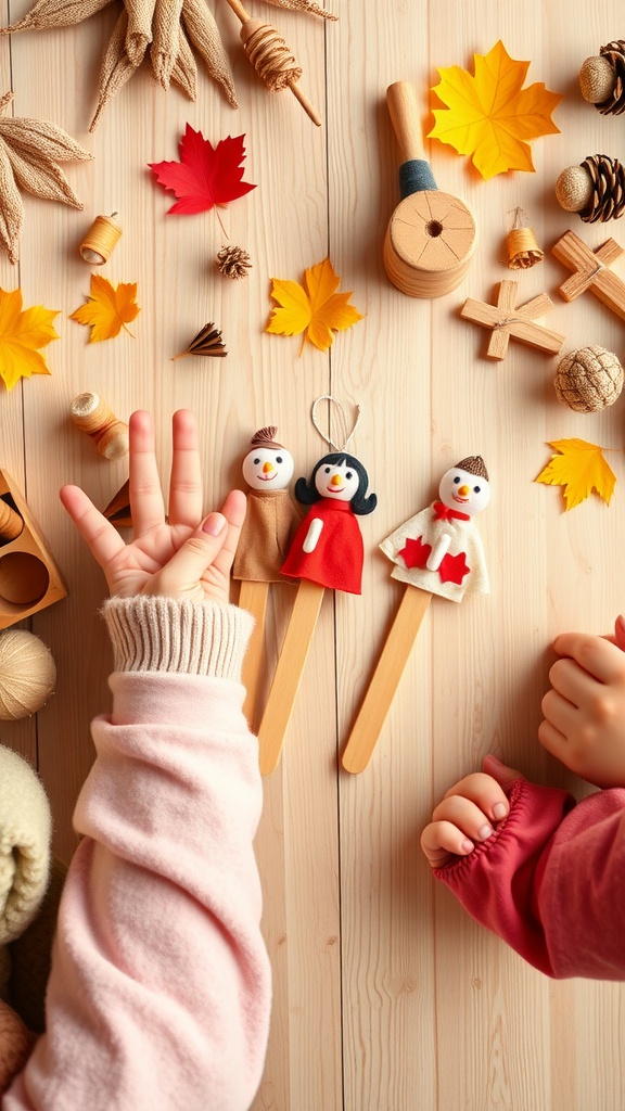 A collection of stick puppets made from wooden sticks and colored felt, surrounded by autumn leaves and crafting materials.