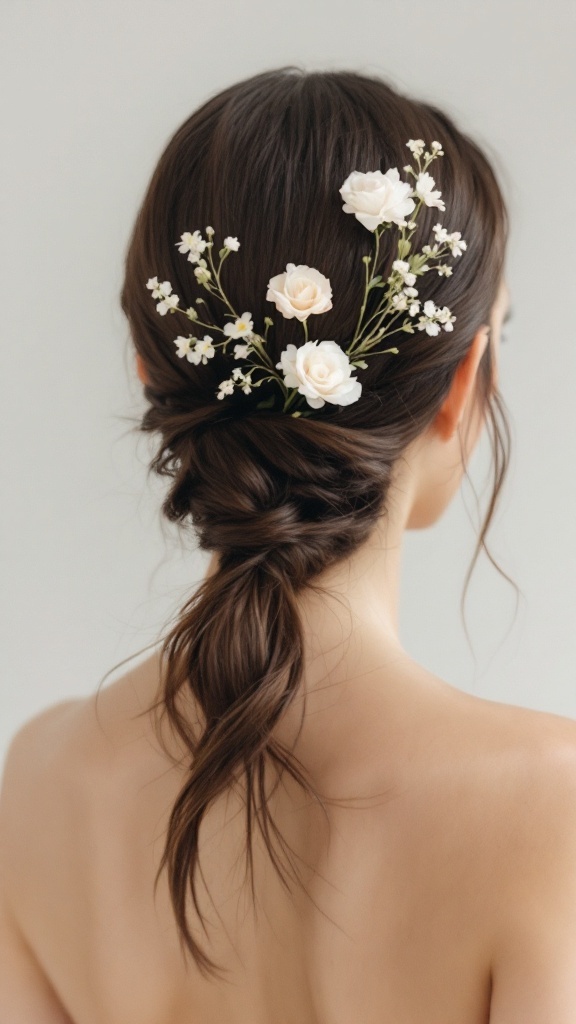 A woman with long straight hair adorned with delicate white flowers in a neutral background.