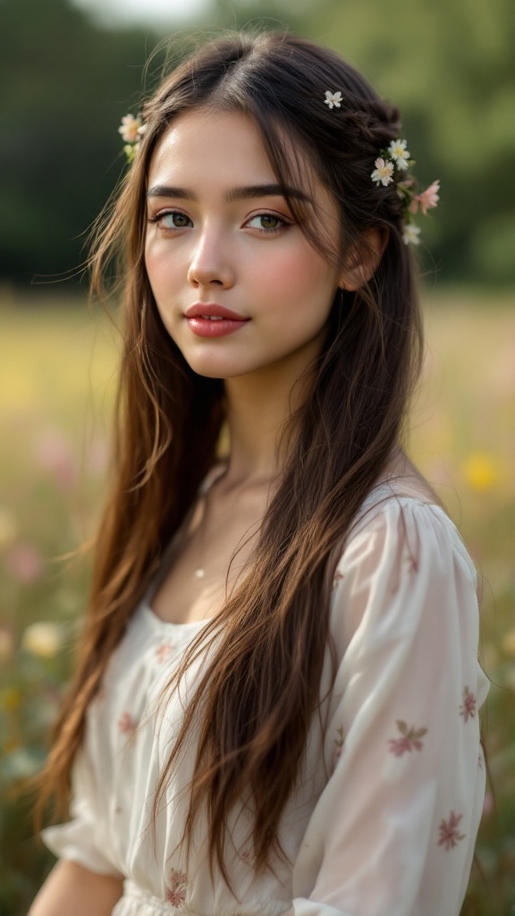 A young girl with long, straight hair adorned with small flowers, smiling softly in a field of flowers.