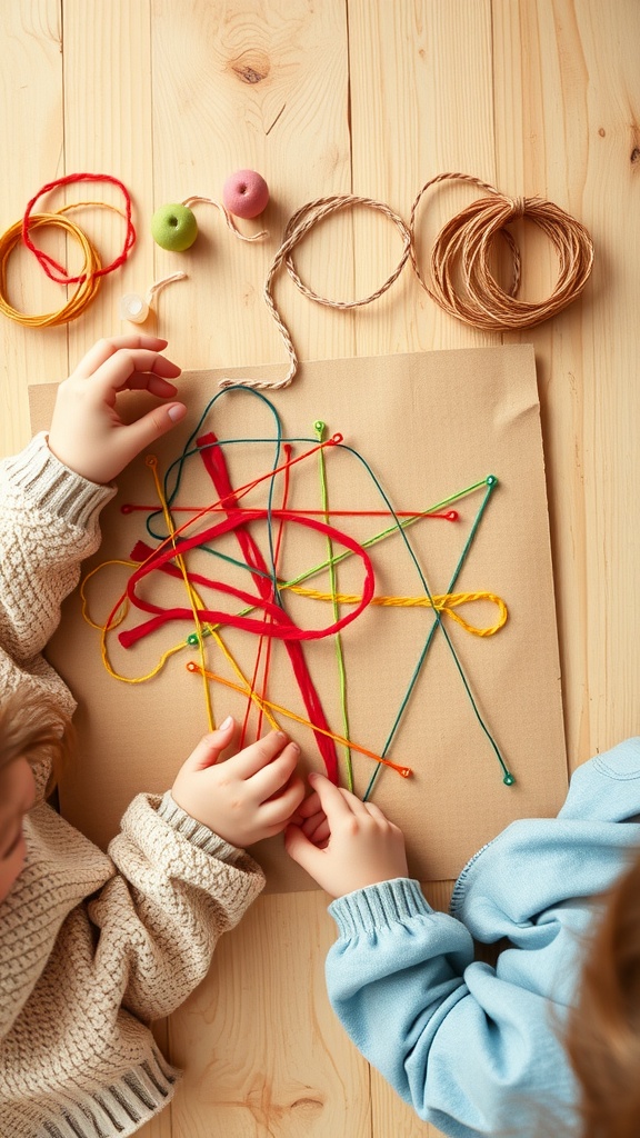 Two toddlers creating colorful string art with various threads and beads on a cardboard surface.