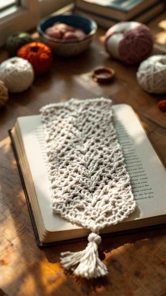 A simple crochet bookmark with a tassel resting on an open book, surrounded by colorful yarn balls.