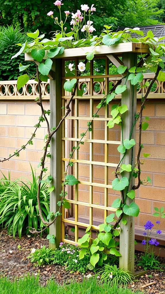 A wooden trellis adorned with climbing plants and flowers in a courtyard garden.