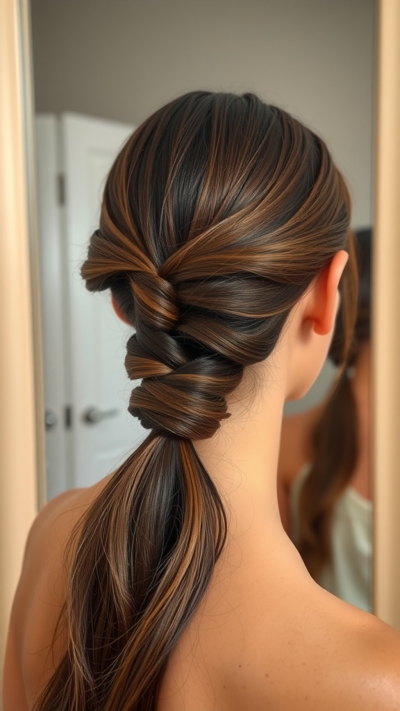 A woman with a simple twist and pin hairstyle, showcasing a stylish look for long hair.