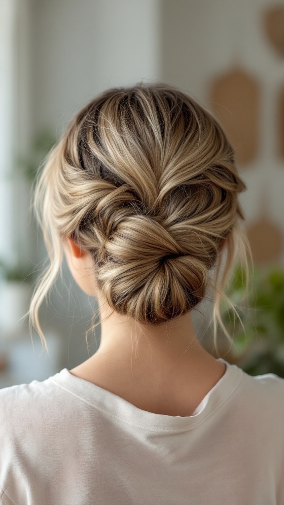 A simple twisted low bun hairstyle for medium hair, showcasing elegance and simplicity.