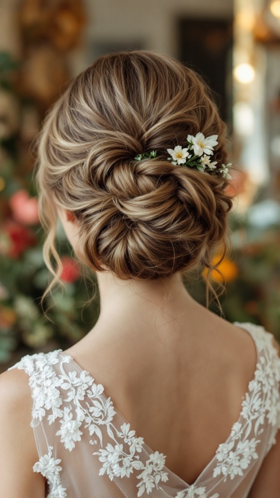A bridesmaid with a vintage-style simple updo adorned with small white flowers and greenery.