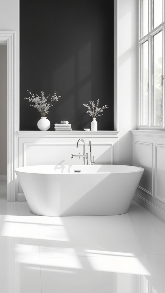 A minimalist bathroom featuring a simple white freestanding tub against a dark wall, with natural light streaming in and decorative vases on the ledge.