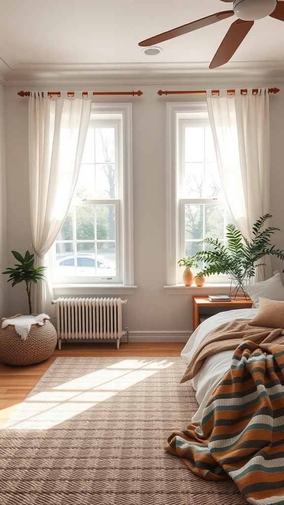 Bright bedroom with light curtains, plants, and a cozy blanket
