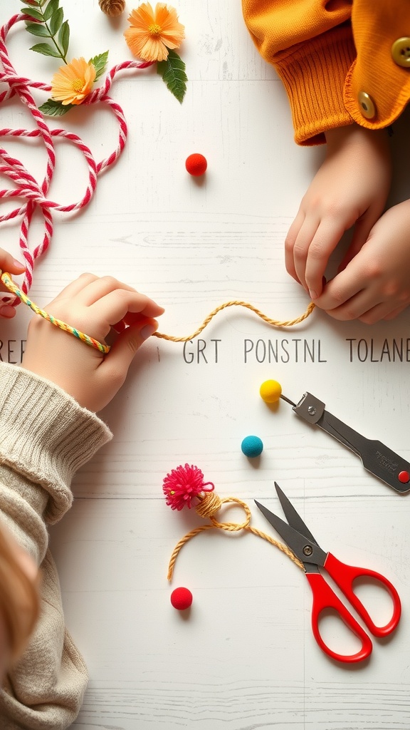 Two children making colorful yarn bracelets with scissors and pom-poms on a table.