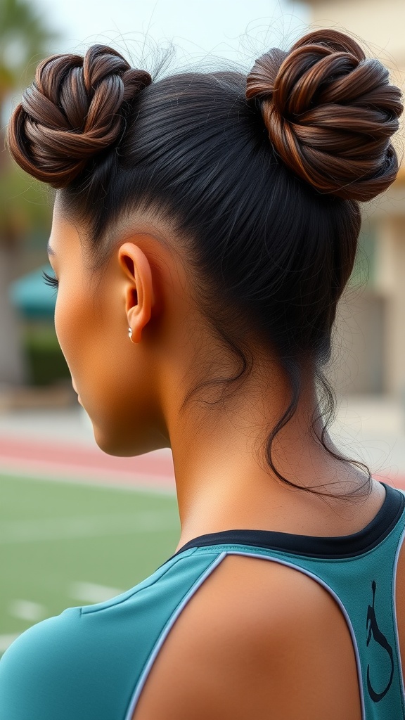A person with two stylish side buns, set against a sporty background