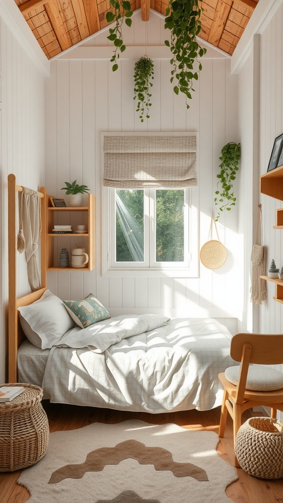 A minimalist Scandinavian kids bedroom featuring a wooden ceiling, plants, and simple decor.