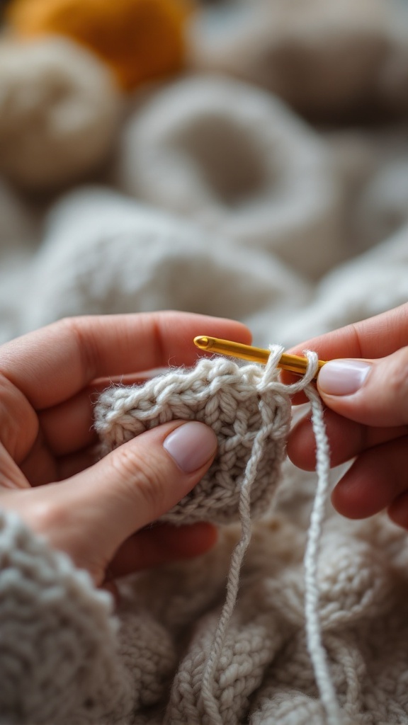 Hands demonstrating the single crochet stitch technique with a hook and yarn.