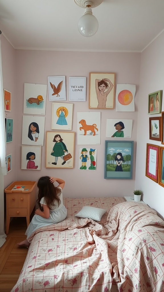 A cozy bedroom with colorful art on the walls, featuring two sisters sharing the space.