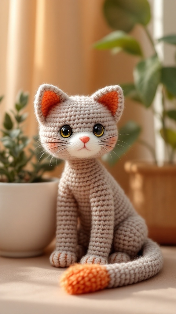 Crochet cat with long tail and orange accents, sitting beside a plant.
