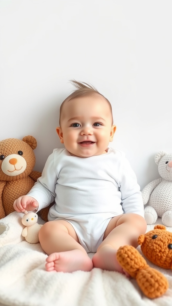 A smiling baby sitting up surrounded by plush toys.