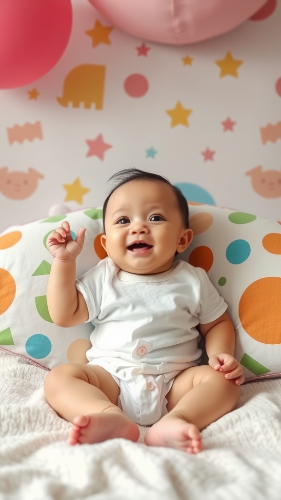 A happy baby sitting up on a colorful cushion with balloons in the background.