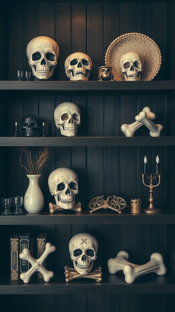 A display of skull and bone decor on wooden shelves