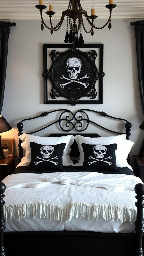 A goth bedroom featuring skull and crossbones decor with a black bed frame, white bedding, and skull-themed pillows.