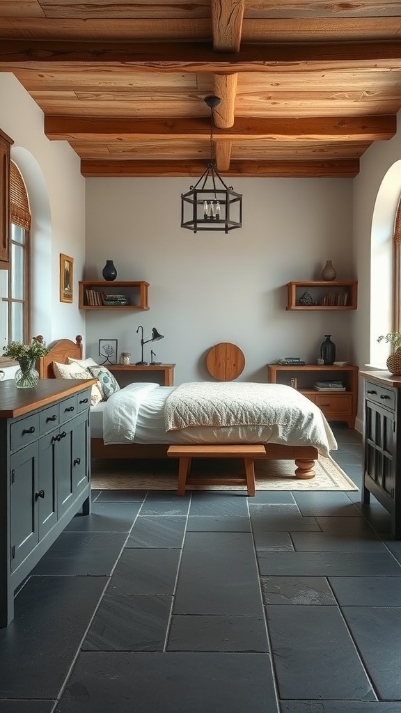 A rustic kitchen with slate flooring, wooden furniture, and a cozy atmosphere.