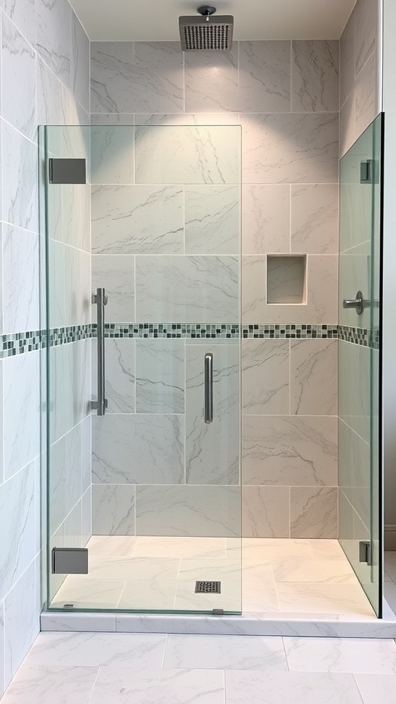 A modern shower featuring slate stone tiles and glass enclosure